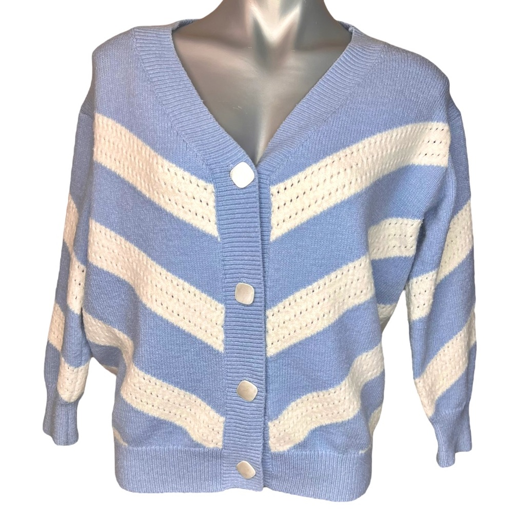 FRNCH Paris Fuzzy Oversized Knitted Blue White Cardigan Size Small Medium